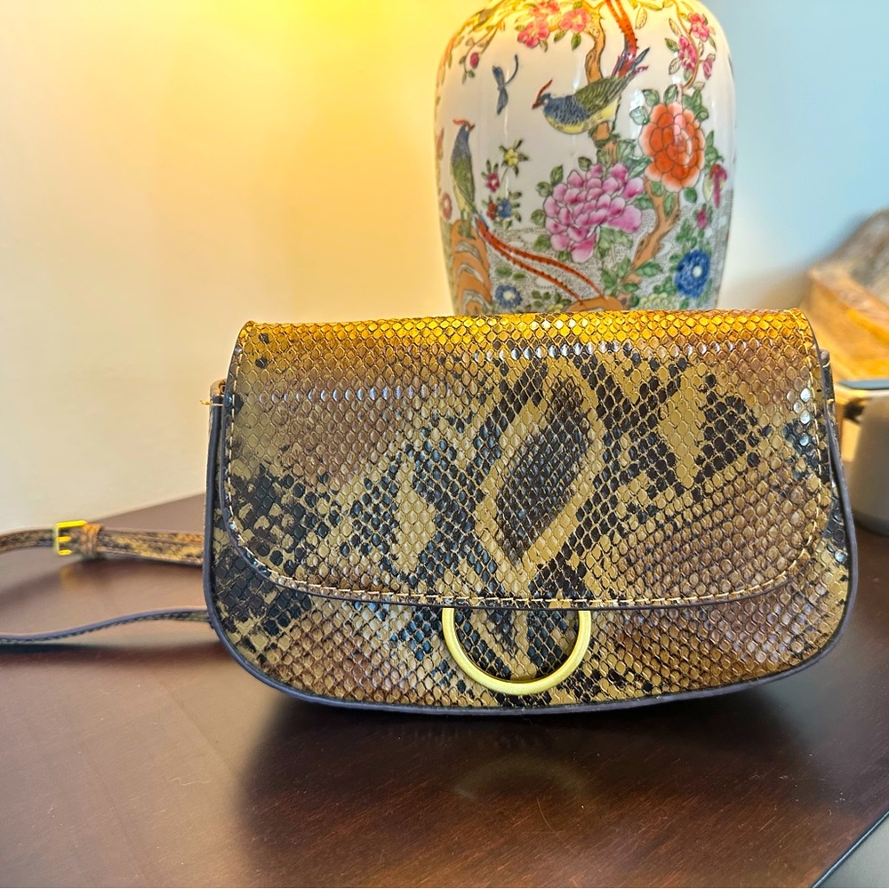 Mango Brown Snake-Print Crossbody Bag with Gold Hardware